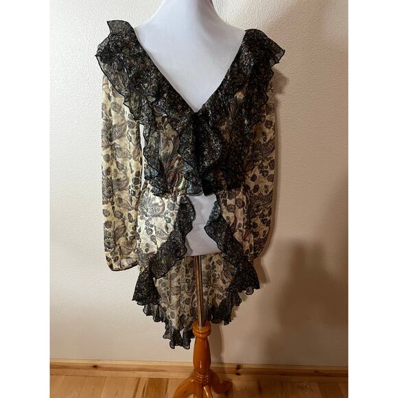 Let Me Be by Anthropologie Sheer Femme Ruffle Boho Maxi Buttondown Shirt SMALL - Picture 2 of 10